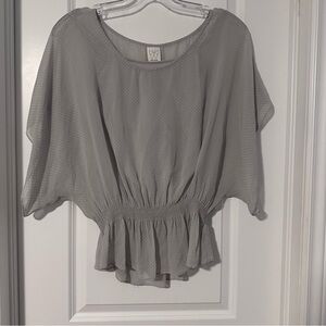 100% Silk Ella Moss Gray Polka Dot Dolman Sleeve Smocked Waist Blouse